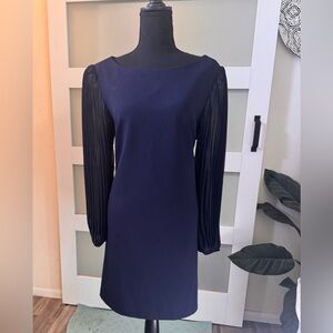 Elegant Navy Blue Dress with Pleated Sleeves